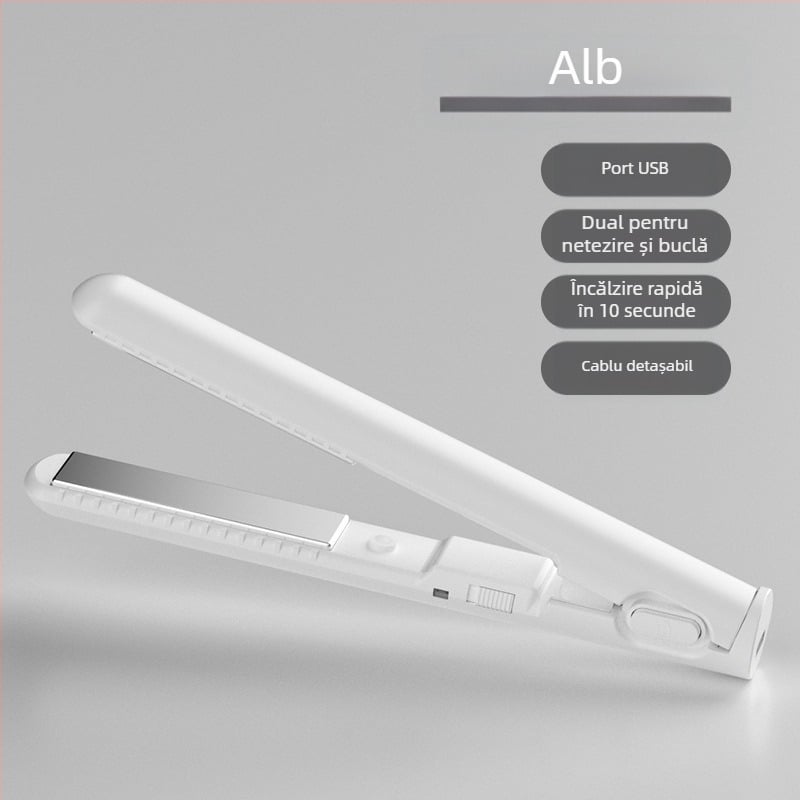 Mini placă de păr USB – dual pentru îndreptare și ondulare a părului, fără a deteriora firele; încălzitor ceramic turmalin; compatibil cu power bank extern; 13W/5V; reglaj temperatură