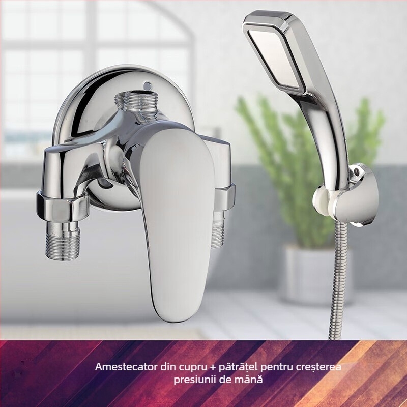 Set de duș din cupru, model H-3401; instalare cu filet spiral; funcții ploaie și pulverizare; finisaj cromat; temperatură de funcționare 5–80°C