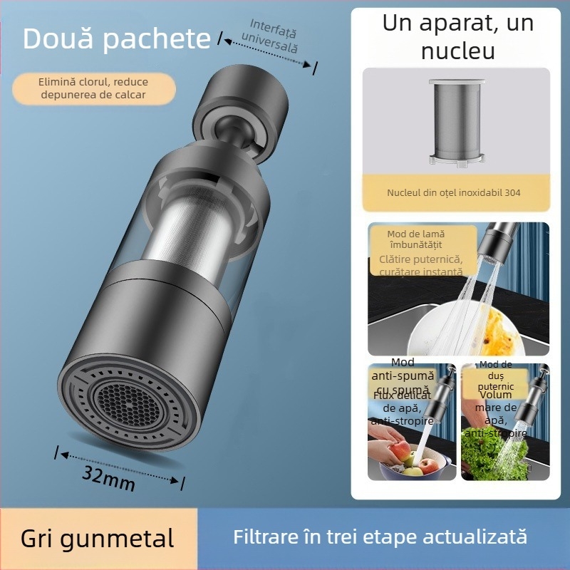 Filtru pentru robinetul de bucătărie – cap cilindric anti-strop, oțel inoxidabil, finisaj satinat, montaj rotativ, design monocorp