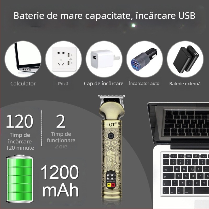 Aparat electric de tuns păr șase în unu, trimmer multifuncțional cu capete detașabile și lavabile, cu atașament pentru nas, motor puternic, baterie încorporată 1000–1200 mAh, lame din oțel inoxidabil, afișaj digital