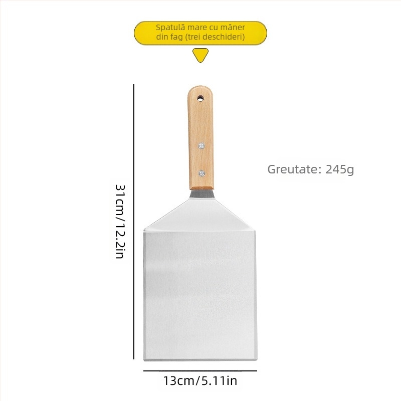 Spatula din oțel inoxidabil cu mâner din lemn de fag pentru grătar, clătite și fripturi