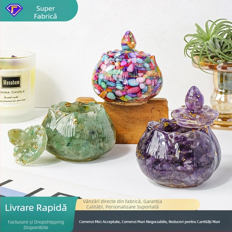 Apeng Crystal vas lotus din rășină epoxidică cu cristale zdrobite, ornament din cristal pentru decor și depozitare, vas demagnetizant