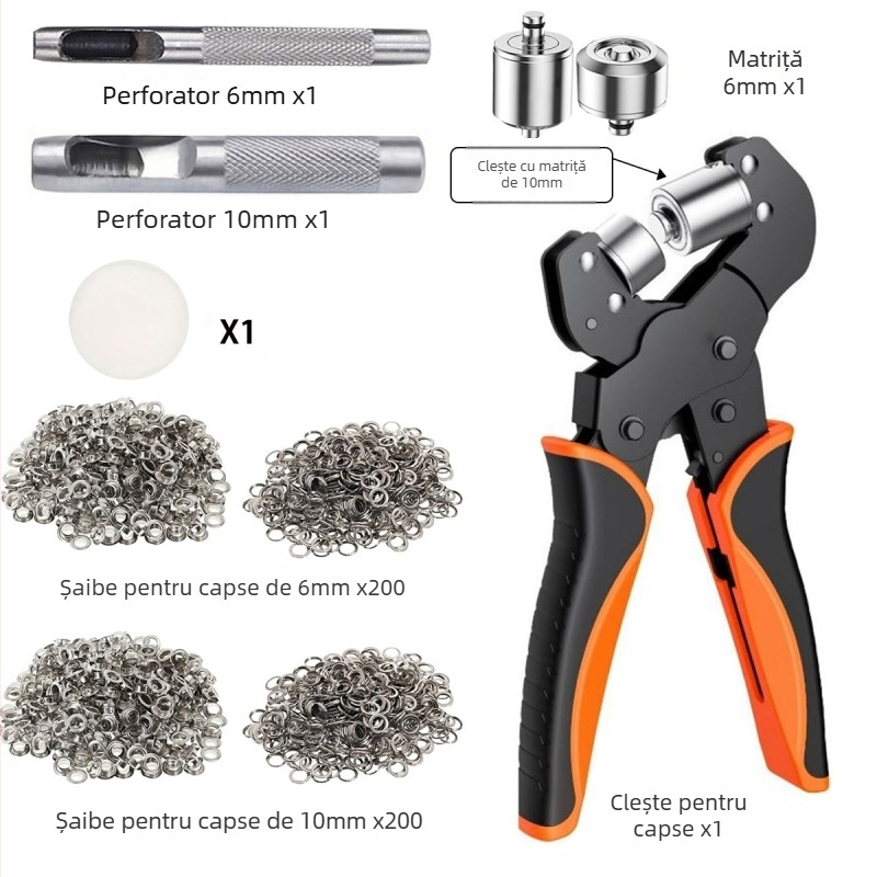 Set de clește de mână pentru inele metalice, dimensiuni 6 mm și 10 mm, perforare și montare ochiuri