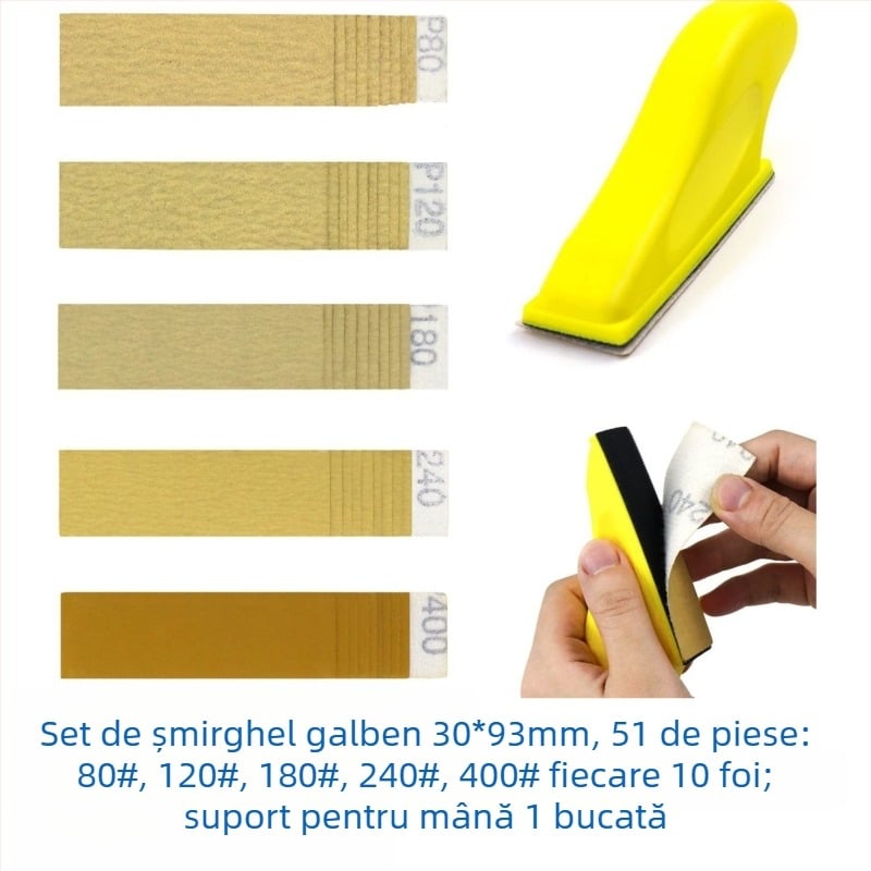 Set de șmirghel pentru lemn, dreptunghiular, cu spate velurat, oxid de aluminiu, pentru polisare