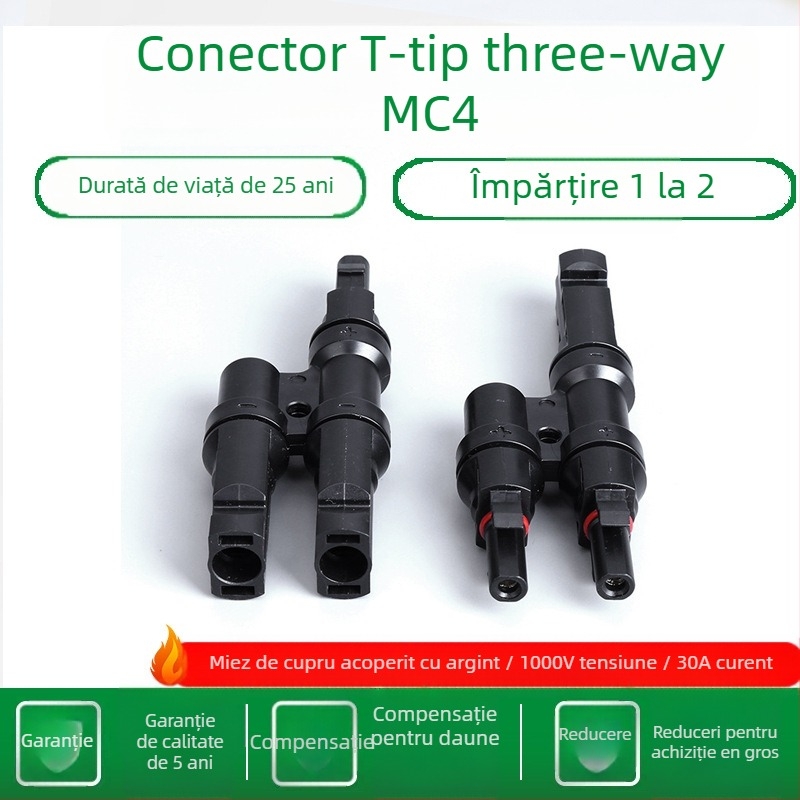 Conector MC4 fotovoltaic de tip T, 3- căi, pentru sisteme DC PV, conectare 1 la 2 în paralel, 30A, material PPO ignifug
