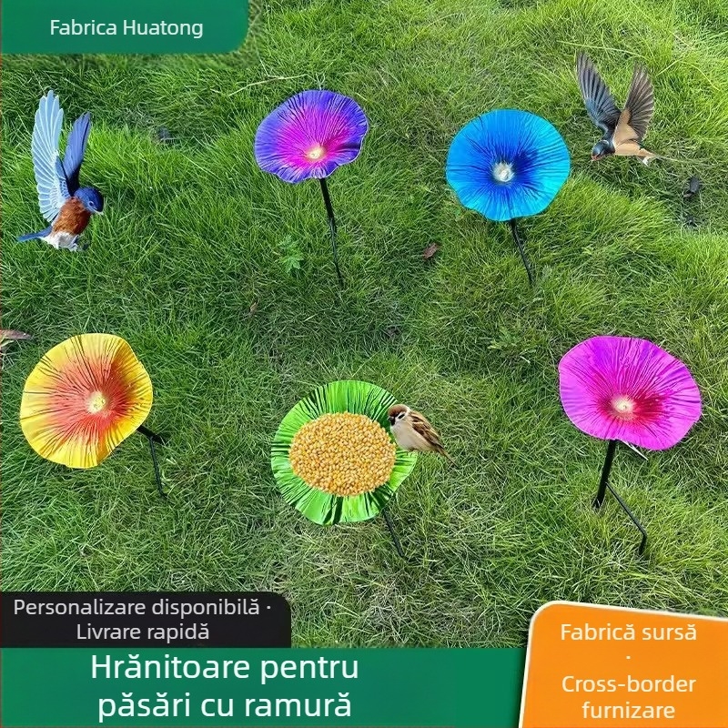 Hrănitoare pentru păsări din fier forjat și baie pentru păsări, exterior – decor grădină cu design de flori pătrat, construcție metalică, ABS material, Vesafe/Veshian