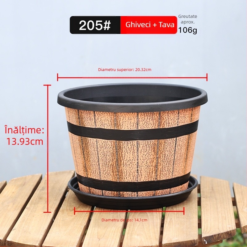Ghiveci din plastic, cu design imitație de butoi din lemn, pentru podea, stil country retro.