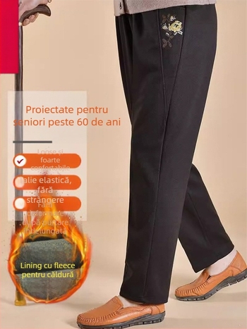 Pantaloni de damă pentru femei de vârstă mijlocie, căptușiți cu fleece, croială lejeră, poliester, țesătură groasă, stil casual