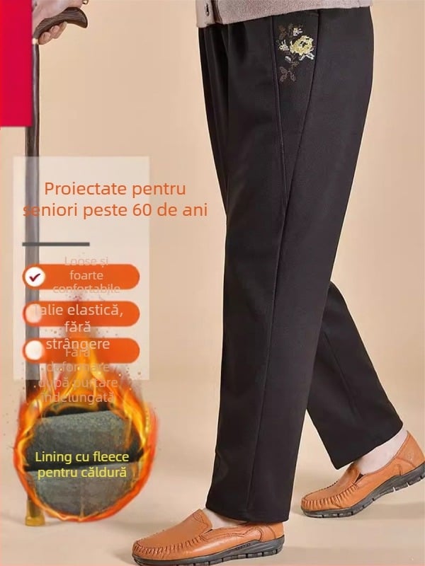 Pantaloni de damă pentru femei de vârstă mijlocie, căptușiți cu fleece, croială lejeră, poliester, țesătură groasă, stil casual