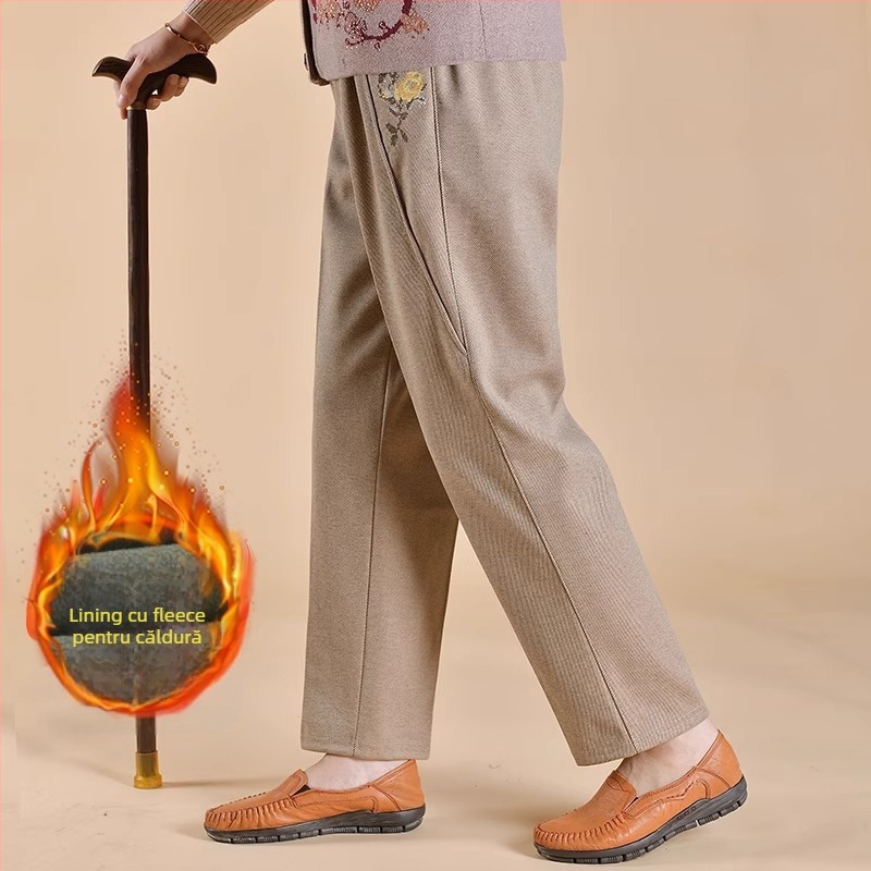 Pantaloni de damă pentru femei de vârstă mijlocie, căptușiți cu fleece, croială lejeră, poliester, țesătură groasă, stil casual