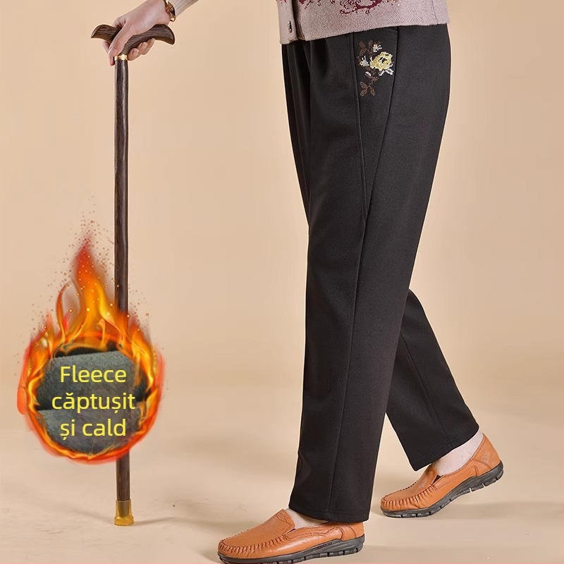 Pantaloni de damă pentru femei de vârstă mijlocie, căptușiți cu fleece, croială lejeră, poliester, țesătură groasă, stil casual