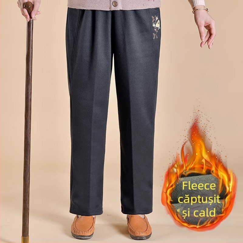 Pantaloni de damă pentru femei de vârstă mijlocie, căptușiți cu fleece, croială lejeră, poliester, țesătură groasă, stil casual