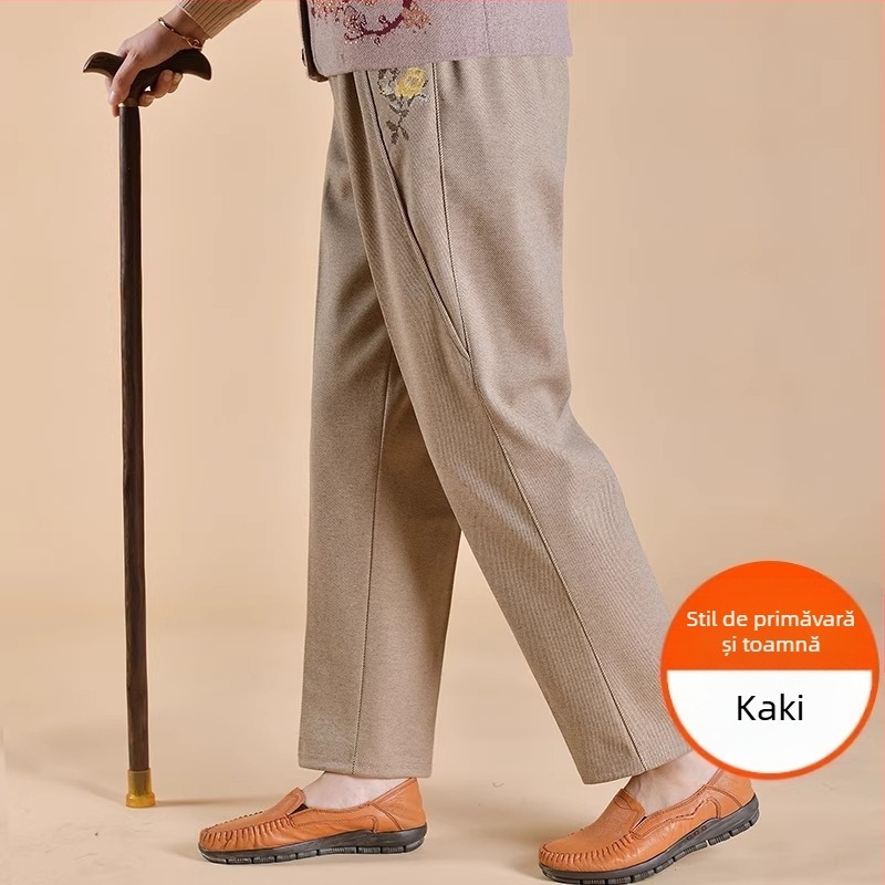 Pantaloni de damă pentru femei de vârstă mijlocie, căptușiți cu fleece, croială lejeră, poliester, țesătură groasă, stil casual