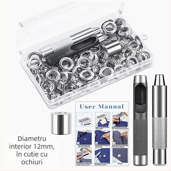 Set din alamă pentru eyelets (eyelet buckle), 100 bucăți, trusă de instrumente 3 piese, pentru paltoane, jeanși, pantofi, corturi