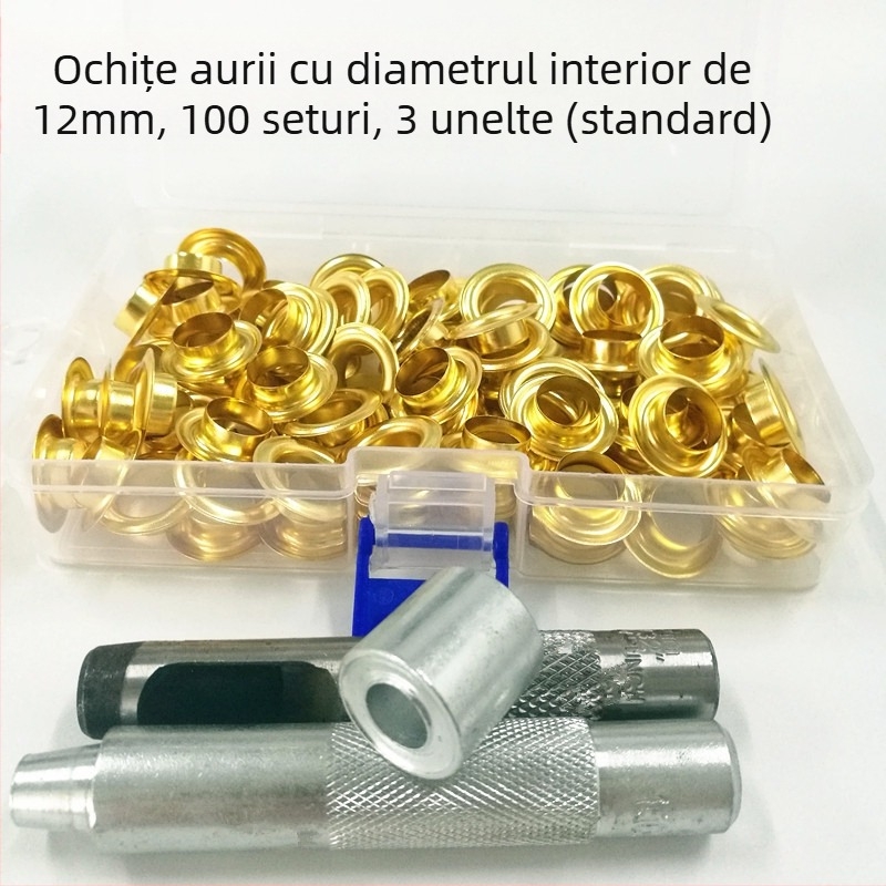 Set din alamă pentru eyelets (eyelet buckle), 100 bucăți, trusă de instrumente 3 piese, pentru paltoane, jeanși, pantofi, corturi