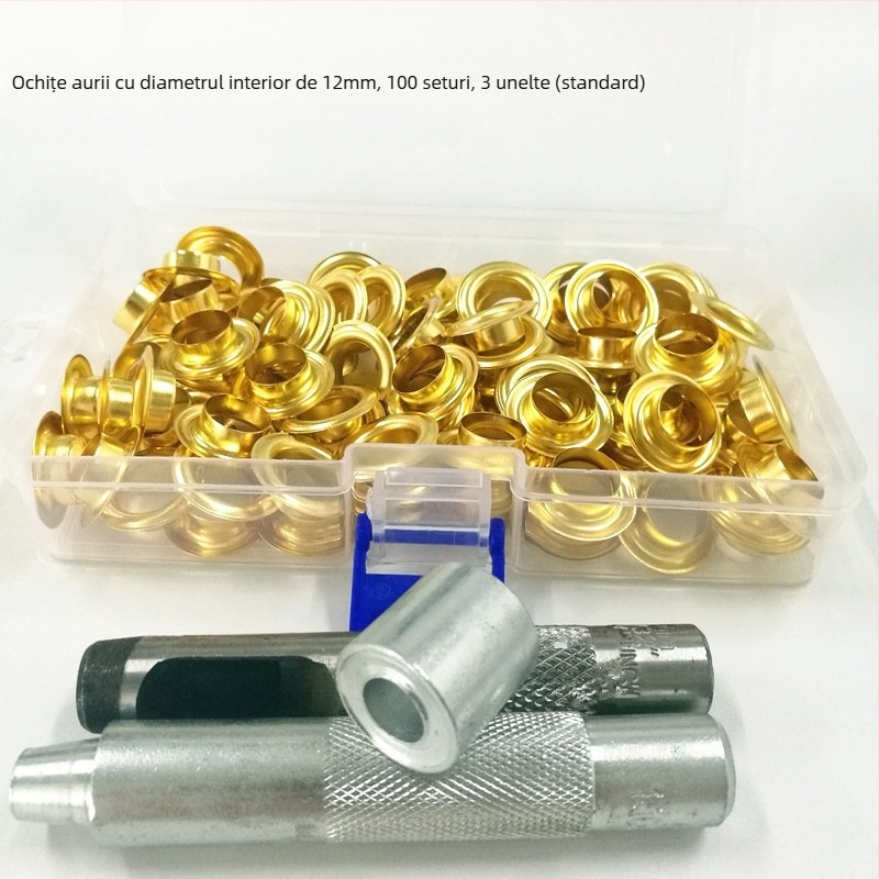 Set din alamă pentru eyelets (eyelet buckle), 100 bucăți, trusă de instrumente 3 piese, pentru paltoane, jeanși, pantofi, corturi