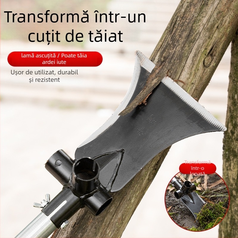 Lopata-foară multifuncțională din oțel cu mangan înalt; pentru tăiere, săpat și tunderea crengilor; pentru exterior; model: Lopată-foară multifuncțională