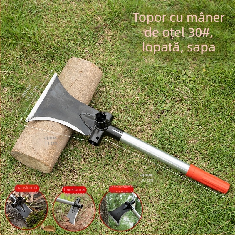 Lopata-foară multifuncțională din oțel cu mangan înalt; pentru tăiere, săpat și tunderea crengilor; pentru exterior; model: Lopată-foară multifuncțională