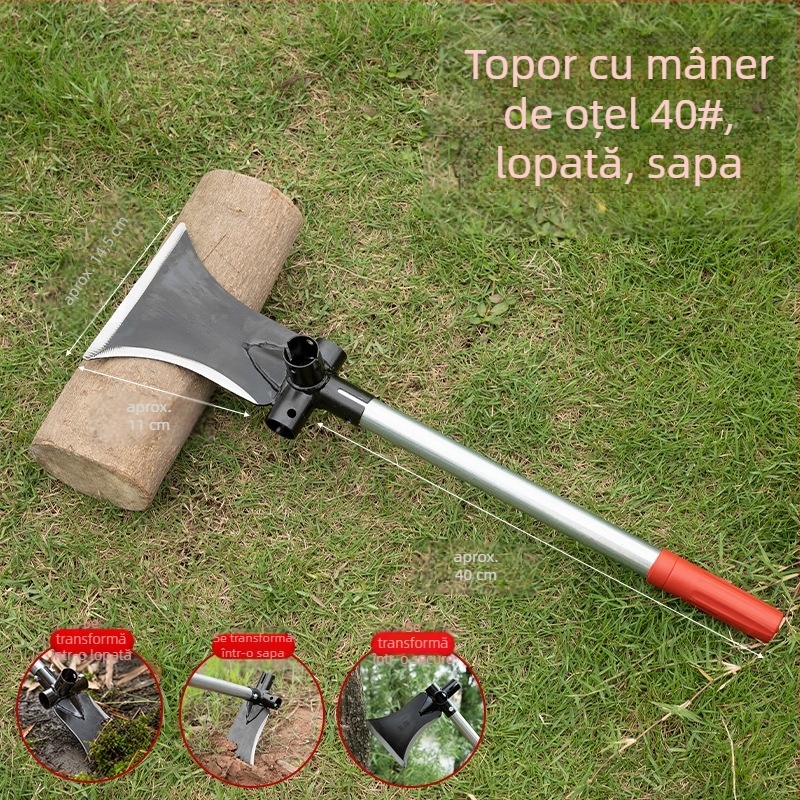 Lopata-foară multifuncțională din oțel cu mangan înalt; pentru tăiere, săpat și tunderea crengilor; pentru exterior; model: Lopată-foară multifuncțională