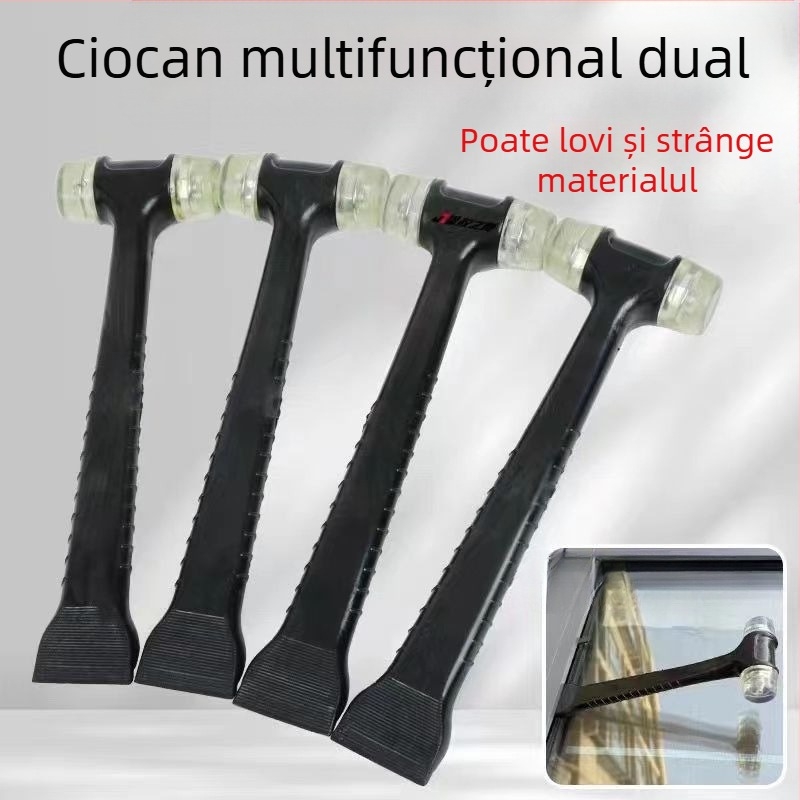 Ciocan cu miez de oțel și mâner din piele – unealtă de instalare 2-în-1 pentru plăci ceramice, rame de ușă și fereastră; lopată din plastic și bandă de etanșare din cauciuc