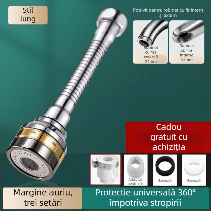 Extender pentru robinet de bucatarie cu cap semi-cupru, duza cu trei trepte, control monocanal, montaj prin șuruburi, cap de stropire rotativ universal (placare electrolitică; materiale ABS+copper / ABS+copper+oțel inox; temperatură de lucru 0-80°C)
