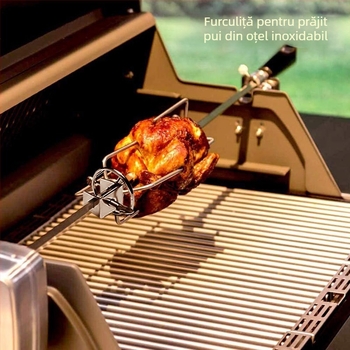 Furculiță rotativă pentru grătar, din oțel inoxidabil, în formă de V, finisaj lustruit, portabilă și demontabilă, greutate 0,23 kg
