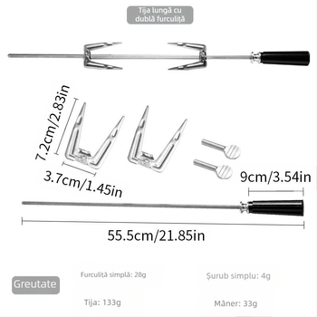 Furculiță rotativă pentru grătar, din oțel inoxidabil, în formă de V, finisaj lustruit, portabilă și demontabilă, greutate 0,23 kg