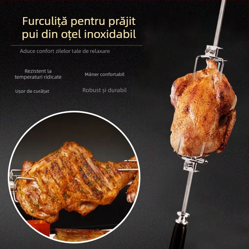 Furculiță rotativă pentru grătar, din oțel inoxidabil, în formă de V, finisaj lustruit, portabilă și demontabilă, greutate 0,23 kg