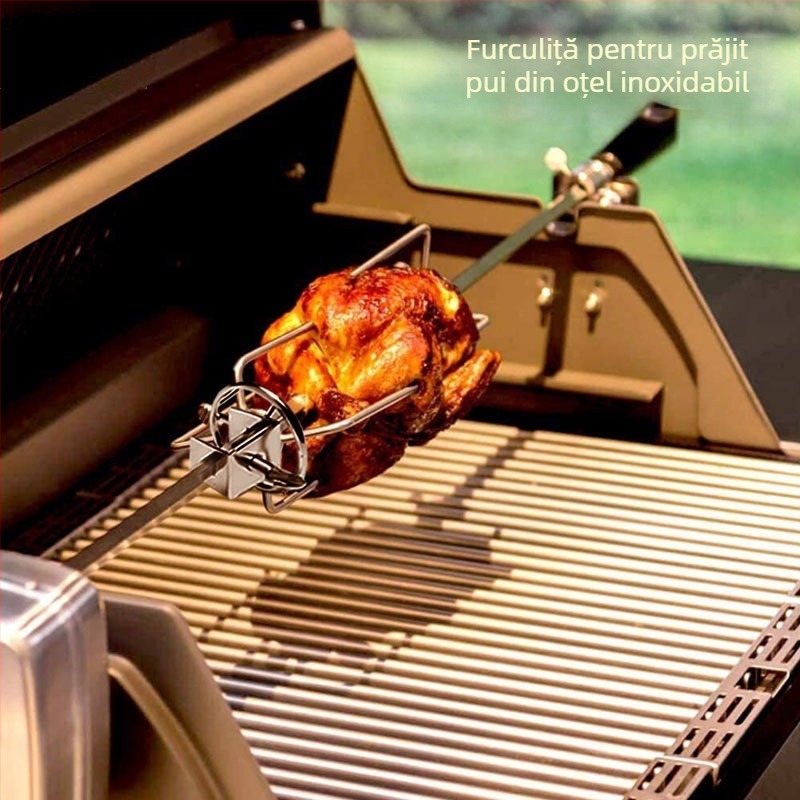 Furculiță rotativă pentru grătar, din oțel inoxidabil, în formă de V, finisaj lustruit, portabilă și demontabilă, greutate 0,23 kg