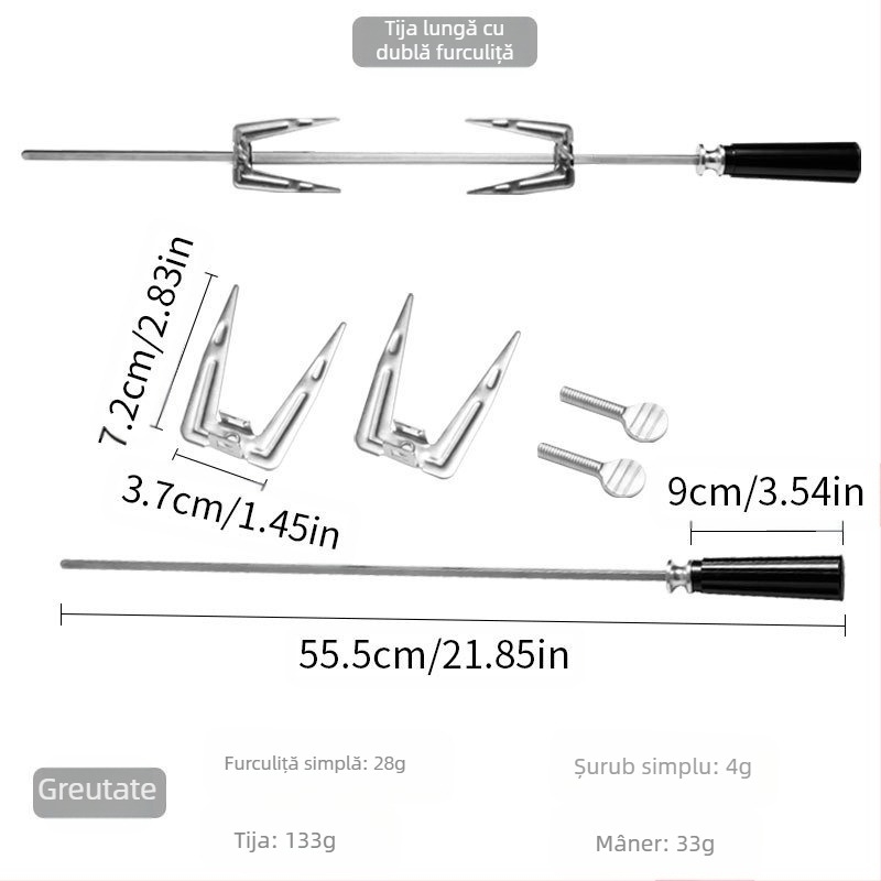 Furculiță rotativă pentru grătar, din oțel inoxidabil, în formă de V, finisaj lustruit, portabilă și demontabilă, greutate 0,23 kg