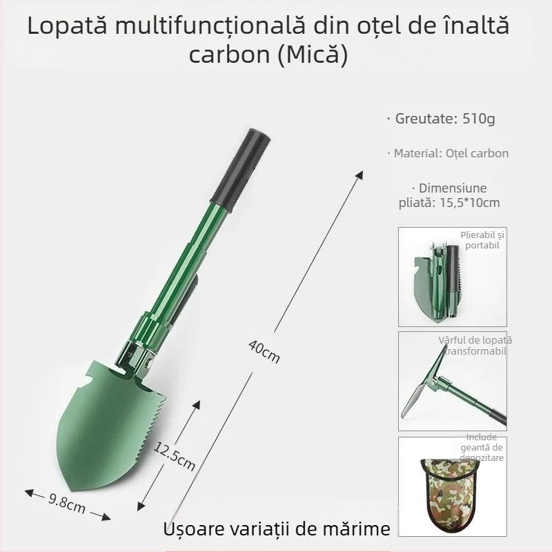 Lopată militară pliabilă din oțel mangan, pentru utilizare în exterior, pescuit și autoapărare, montată pe mașină