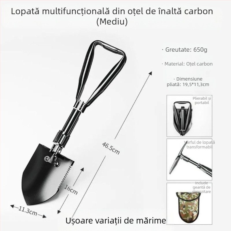 Lopată militară pliabilă din oțel mangan, pentru utilizare în exterior, pescuit și autoapărare, montată pe mașină