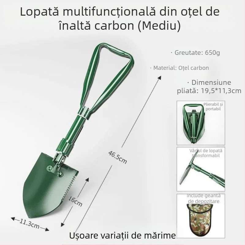 Lopată militară pliabilă din oțel mangan, pentru utilizare în exterior, pescuit și autoapărare, montată pe mașină