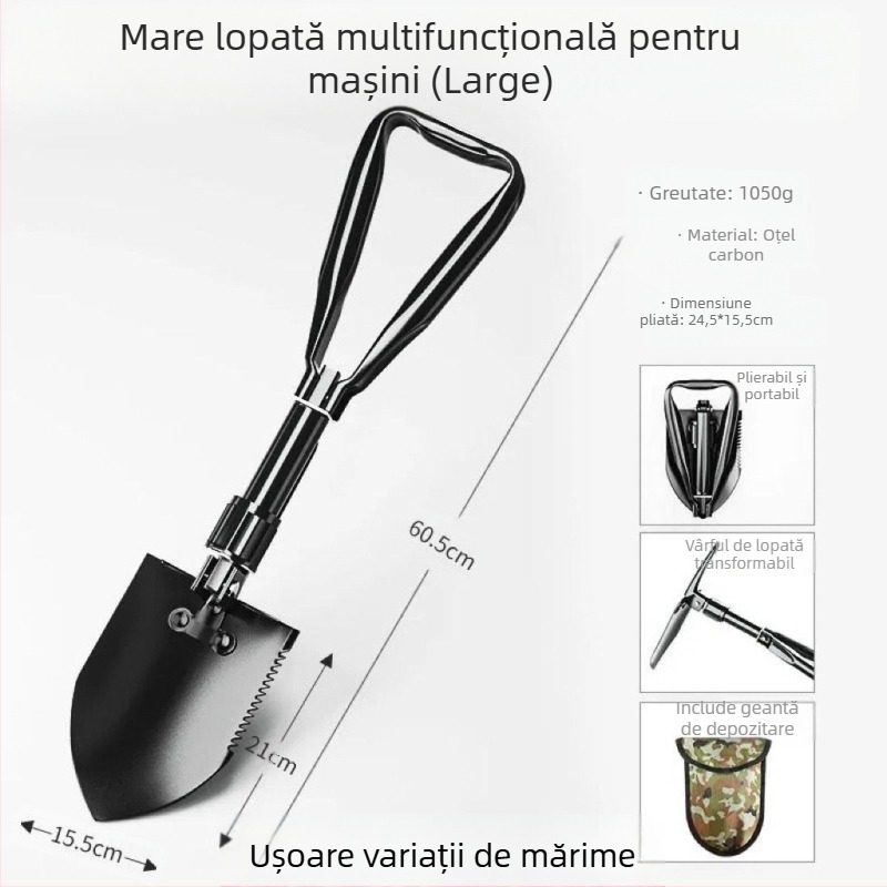 Lopată militară pliabilă din oțel mangan, pentru utilizare în exterior, pescuit și autoapărare, montată pe mașină