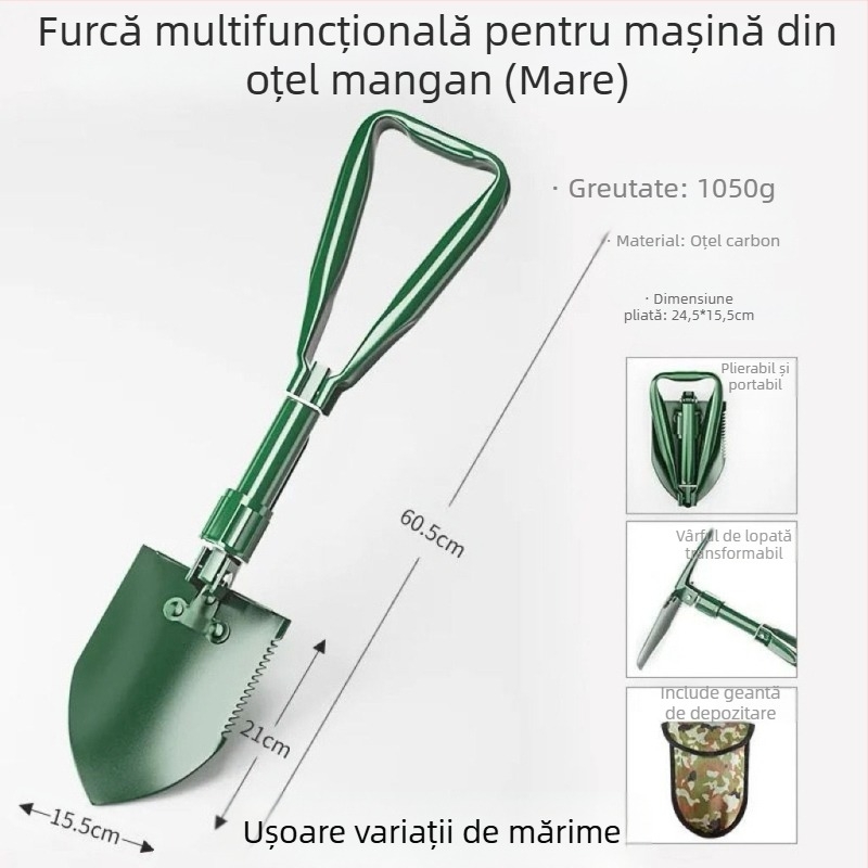 Lopată militară pliabilă din oțel mangan, pentru utilizare în exterior, pescuit și autoapărare, montată pe mașină