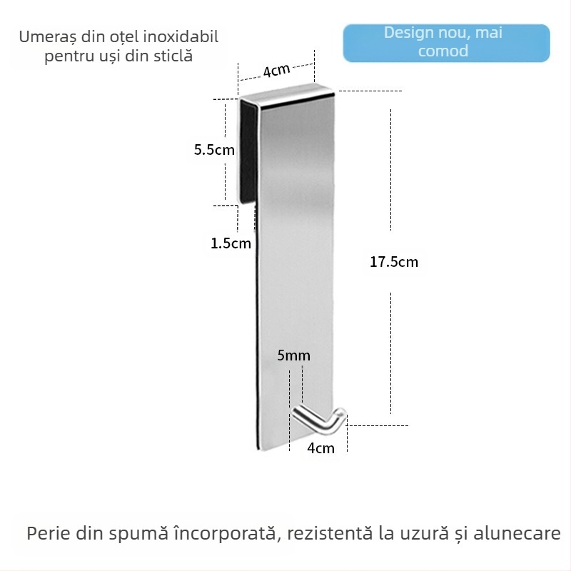 Cuiere de baie din oțel inoxidabil 304 pentru ușă de sticlă, montaj pe spate fără găuri, suport metalic detașabil cu un singur cârlig, capacitate 5 kg, design modern minimalist