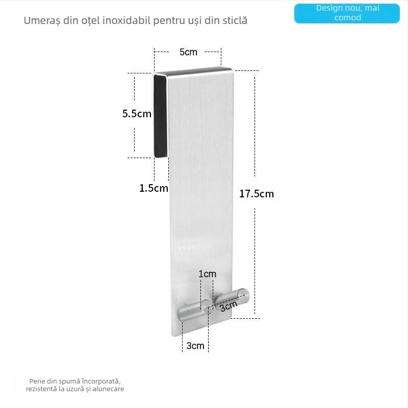 Cuiere de baie din oțel inoxidabil 304 pentru ușă de sticlă, montaj pe spate fără găuri, suport metalic detașabil cu un singur cârlig, capacitate 5 kg, design modern minimalist