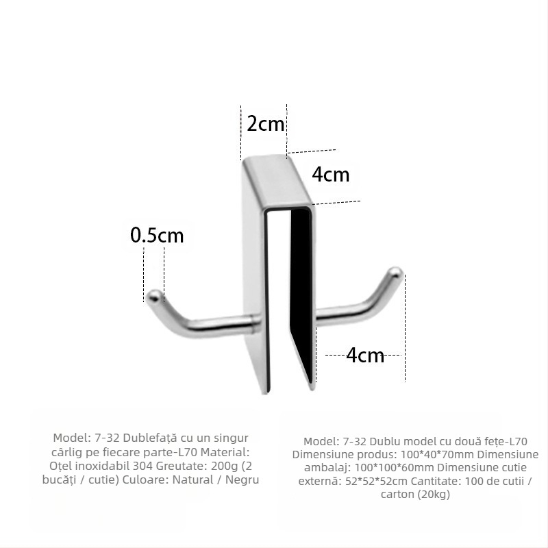 Cuiere de baie din oțel inoxidabil 304 pentru ușă de sticlă, montaj pe spate fără găuri, suport metalic detașabil cu un singur cârlig, capacitate 5 kg, design modern minimalist