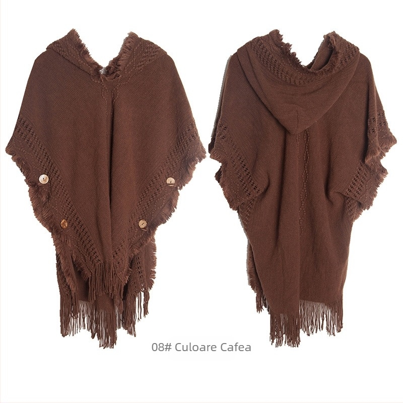 Pelerină tricotată cu glugă pentru femei – material acrilic/falsă lână, model monocrom, protecție solară, potrivită pentru vară, primăvară și toamnă, stil pulover cape