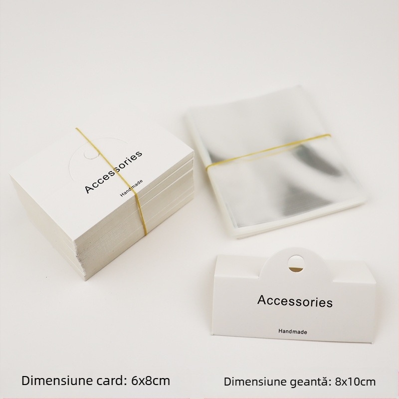 Set de ambalare bijuterii – carduri DIY pentru ambalare, 100 carduri + 100 buzunare plate, hârtie/carton, ambalaj transparent