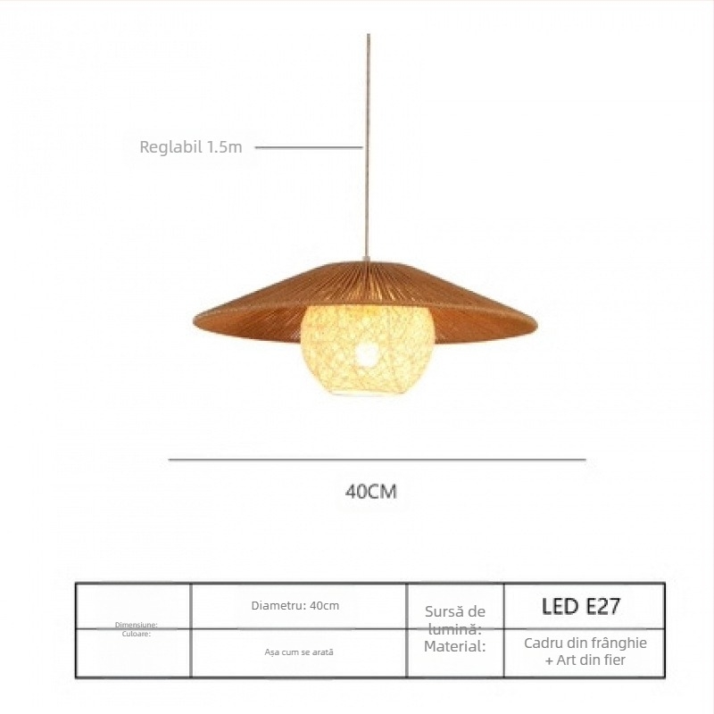 Candelabru suspendat în stil japonez, cu fir, LED, corp și abajur din ratan, cu o singură lampă