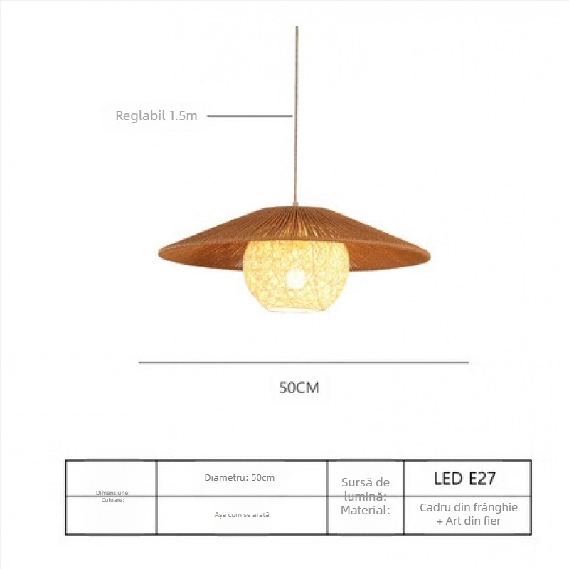 Candelabru suspendat în stil japonez, cu fir, LED, corp și abajur din ratan, cu o singură lampă