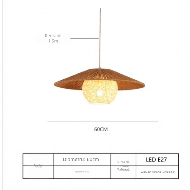 Candelabru suspendat în stil japonez, cu fir, LED, corp și abajur din ratan, cu o singură lampă