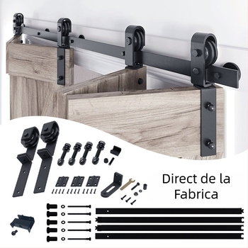 Kit hardware ușă hambar - șină de ușă pliabilă cu două uși și role pentru sufragerie și bucătărie, rezistent la uzură, acoperire cu pulbere din oțel carbon, model JH-ZD1, stil modern minimalist