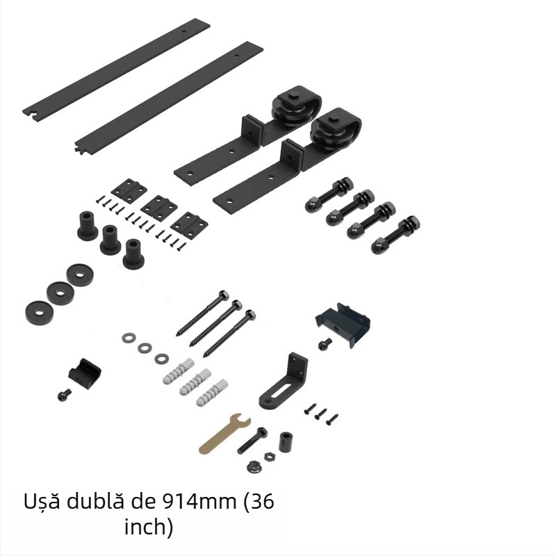 Kit hardware ușă hambar - șină de ușă pliabilă cu două uși și role pentru sufragerie și bucătărie, rezistent la uzură, acoperire cu pulbere din oțel carbon, model JH-ZD1, stil modern minimalist