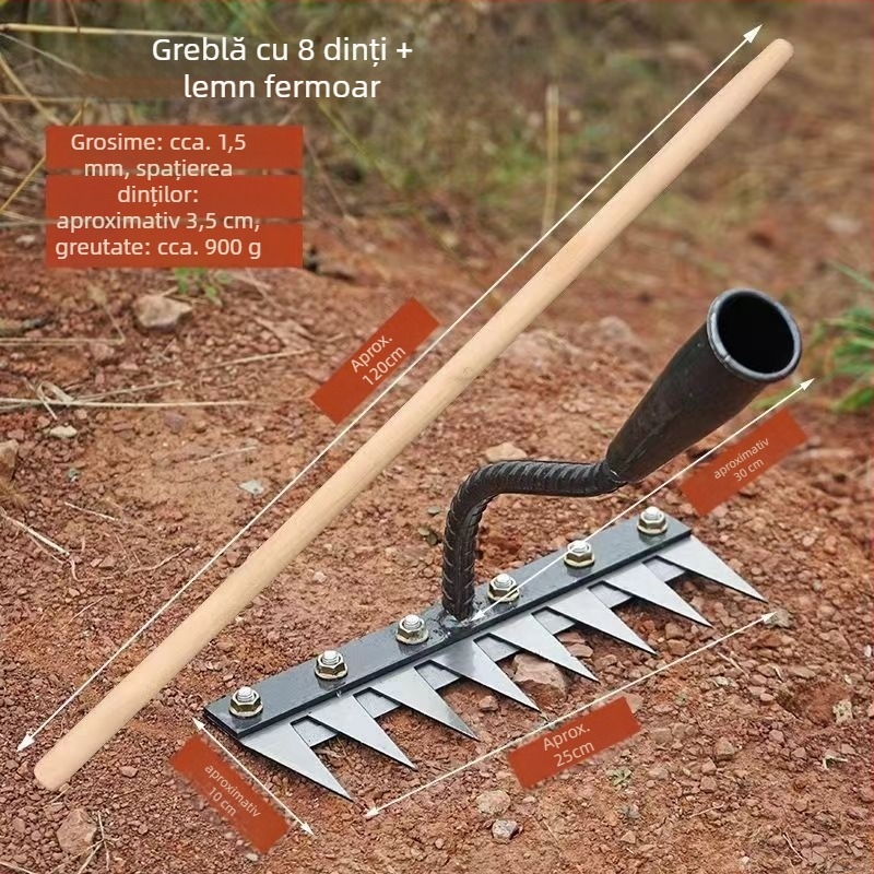 Greblă pentru burueni cu lamă, cap detașabil, dinți multipli, pentru afânarea solului în livezi (lungimea dinților 100 mm)