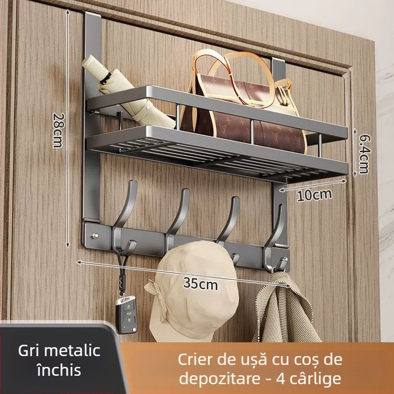 Cuier de perete fără găuri, cu adeziv pentru montaj în spatele ușii; din oțel carbon, pliabil și multifuncțional
