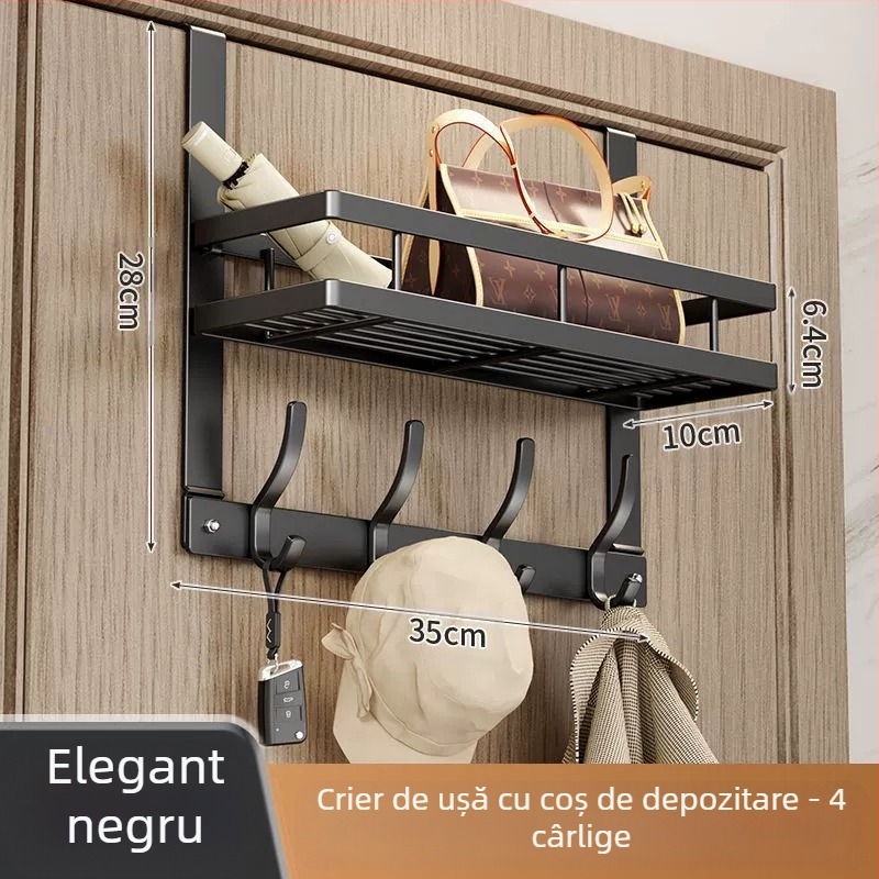 Cuier de perete fără găuri, cu adeziv pentru montaj în spatele ușii; din oțel carbon, pliabil și multifuncțional