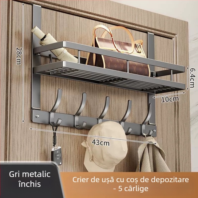 Cuier de perete fără găuri, cu adeziv pentru montaj în spatele ușii; din oțel carbon, pliabil și multifuncțional