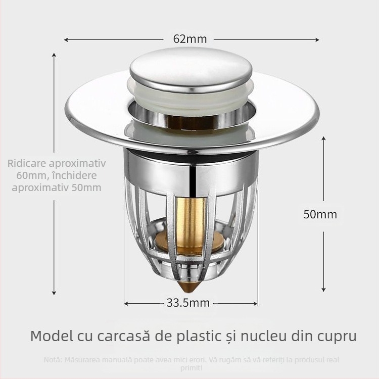 Dop ceramic pentru scurgere chiuvetă cu nucleu din cupru – tip apăsare, anti-odor, stil modern minimalist